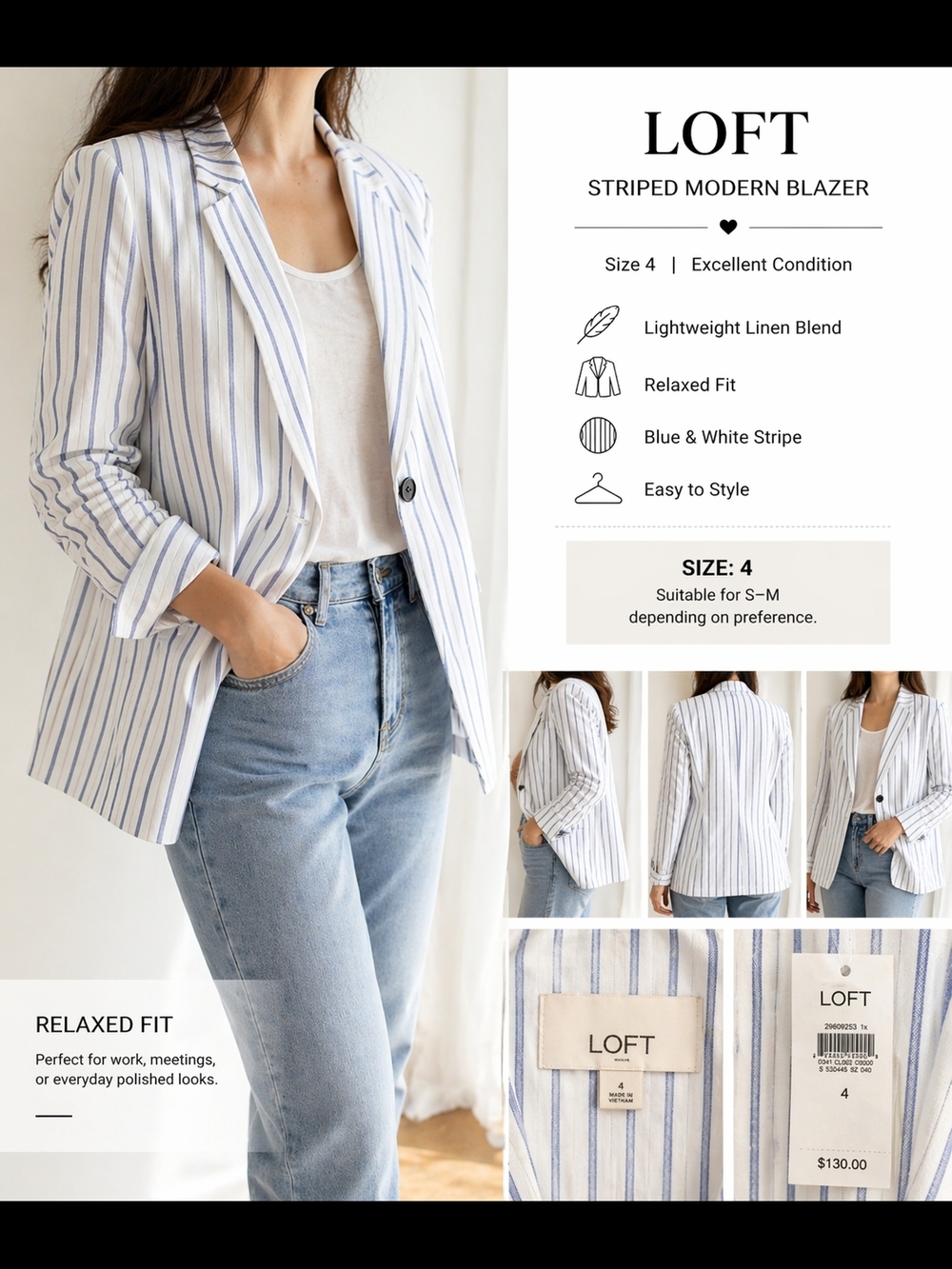 LOFT Blue & White Striped Modern Blazer